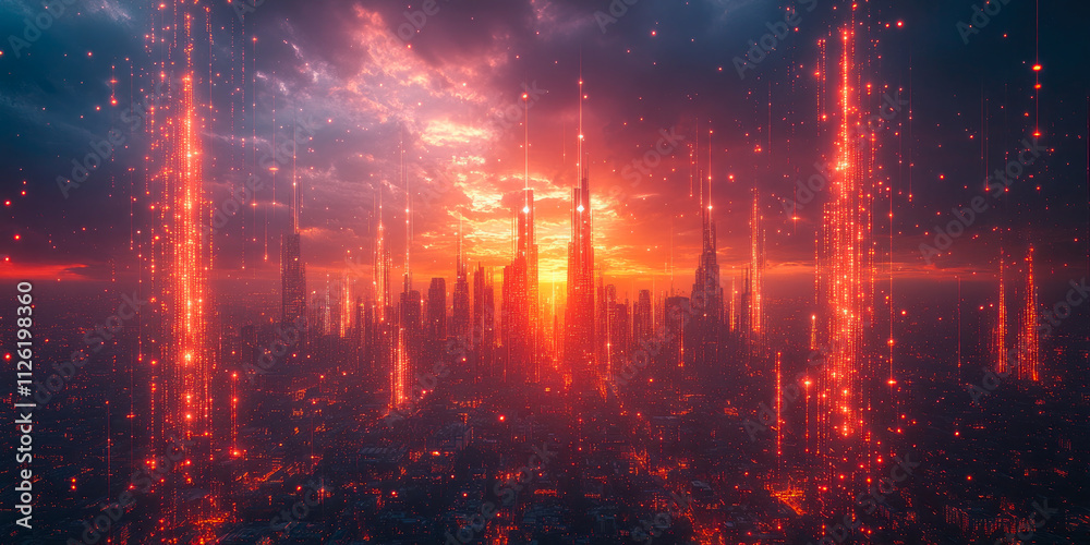 Fototapeta premium A skyline glowing with neon lights at sunset, portraying a vibrant and thriving future metropolis.