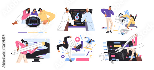 Quality assurance concept set. QA engineers, testers check errors, mistakes, testing computer software. Programmers do code review, fix bugs. Flat isolated vector illustrations on white background