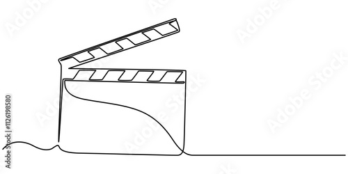 One continuous line drawing of clapper board. Action movie scene and retro video production concept in simple linear style. Outline editable stroke. Doodle vector illustration, One line drawing.