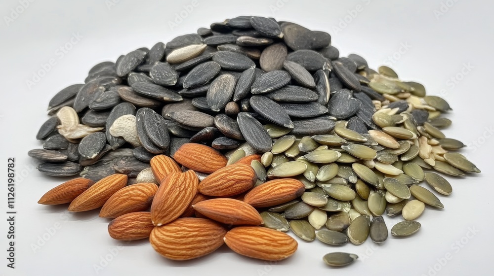 A beautiful, artful assortment of almonds, walnuts, pumpkin seeds, and sunflower seeds scattered on a white background. A beautiful, artful assortment of almonds, walnuts, pumpkin seeds, and sunflower seeds scattered on a white background.