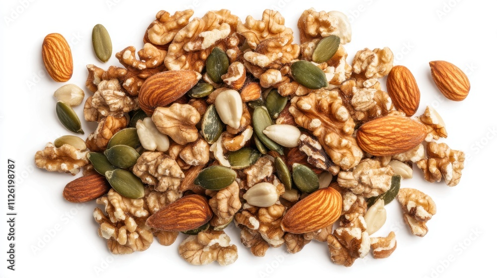 A beautiful, artful assortment of almonds, walnuts, pumpkin seeds, and sunflower seeds scattered on a white background.