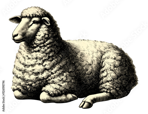Vintage sheep illustration, vintage sheep engraving with detailed sketch, isolated on transparent background. Black and white PNG