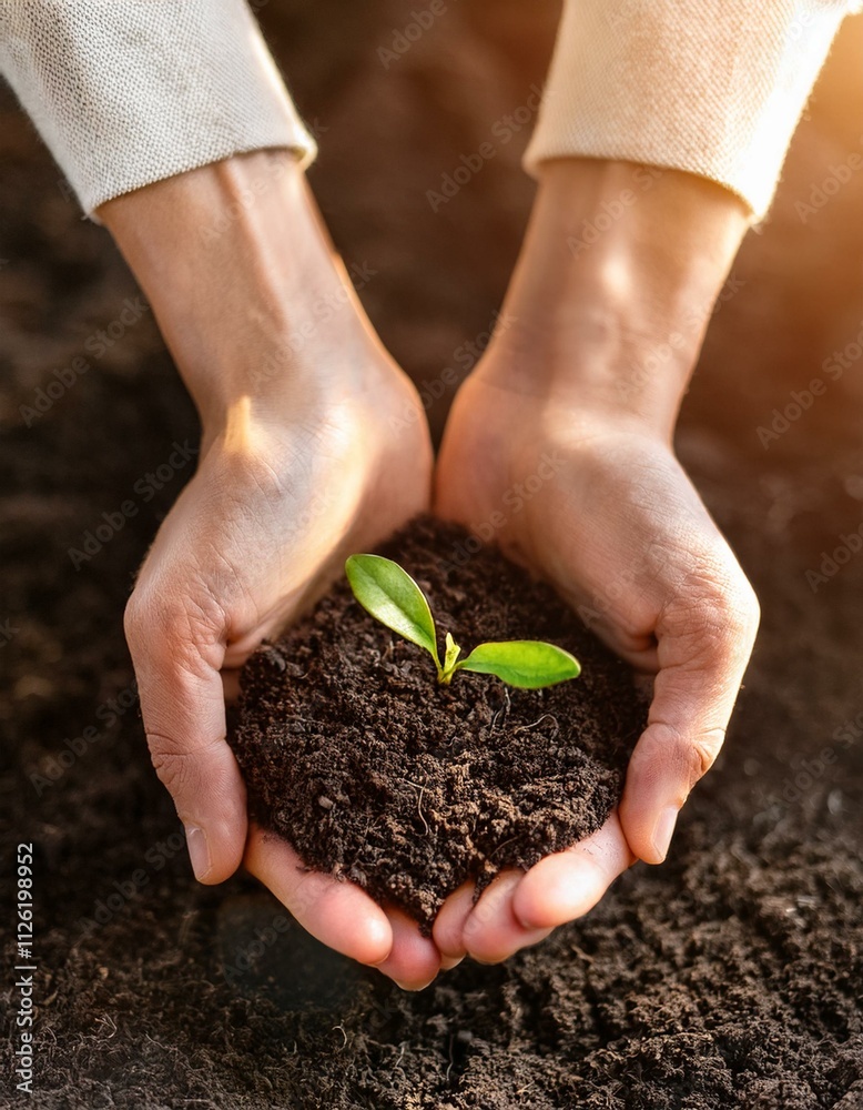 Generated image Banner of a close-up of hands holding soil with a small plant sprouting Generated image Banner of a close-up of hands holding soil with a small plant sprouting