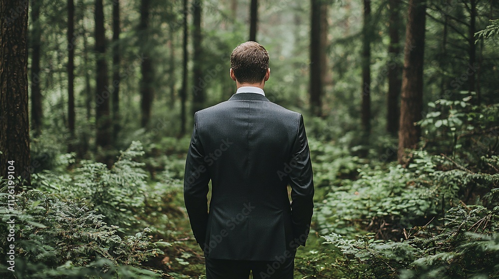 Man in suit standing in forest, back view. Man in suit standing in forest, back view.