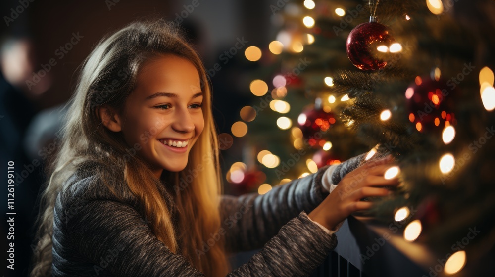 A young girl is smiling and decorating a Christmas tree with red A young girl is smiling and decorating a Christmas tree with red