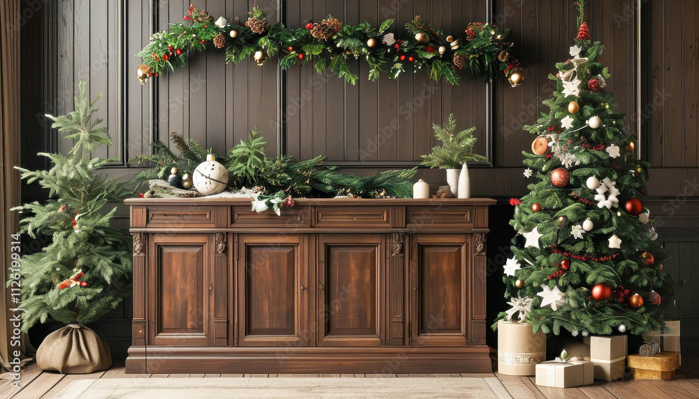 Wooden cabinet decorated with pine garlands and a Christmas wreath. On the side is a smart New Year tree. Festive interior with an emphasis on Christmas. Wooden cabinet decorated with pine garlands and a Christmas wreath. On the side is a smart New Year tree. Festive interior with an emphasis on Christmas.