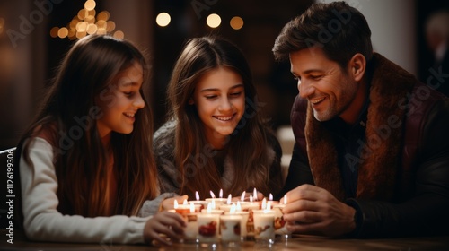 A man and two girls are sitting around a table with candles
