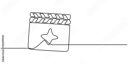 One continuous line drawing of clapper board. Action movie scene and retro video production concept in simple linear style. Outline editable stroke. Doodle vector illustration, One line drawing.
