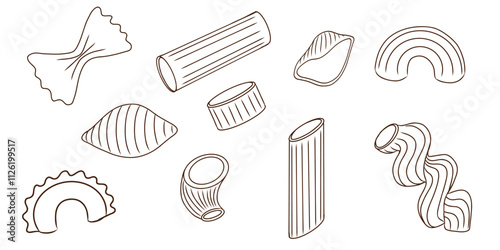 Various types of pasta. Macaroni, creste di galli, cavatappi, anelli, conchiglio, rigatoni, farfalle, penne isolated on background. Outline vector style.