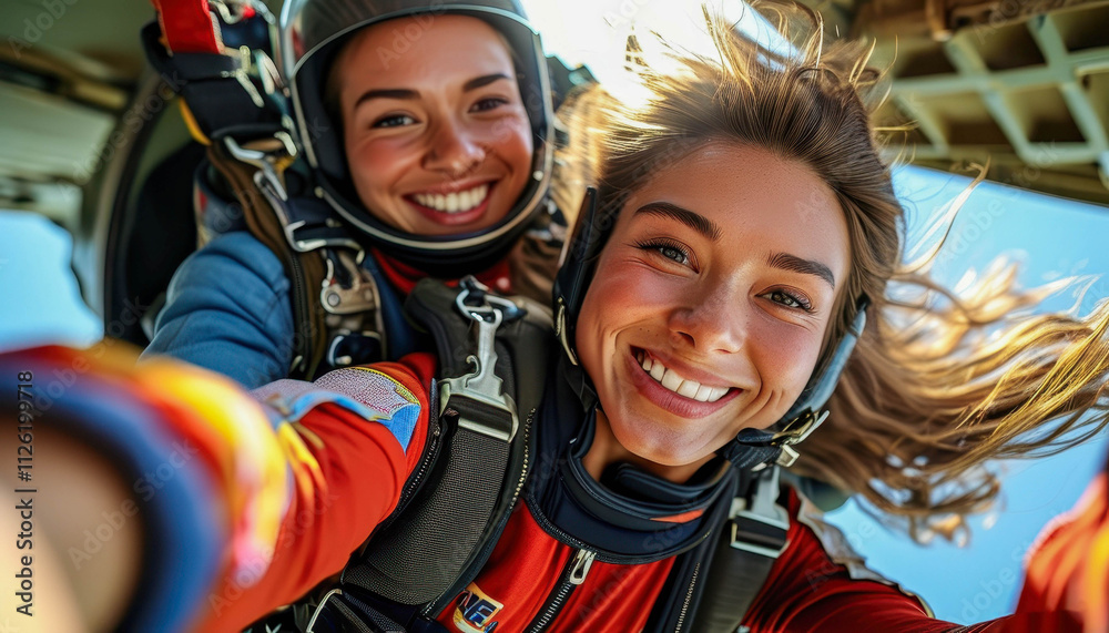 Two girls during a parachute jump, smiling and taking a selfie against the blue sky and an open plane. In parachute jump suits and helmets. Extreme sports. Two girls during a parachute jump, smiling and taking a selfie against the blue sky and an open plane. In parachute jump suits and helmets. Extreme sports.
