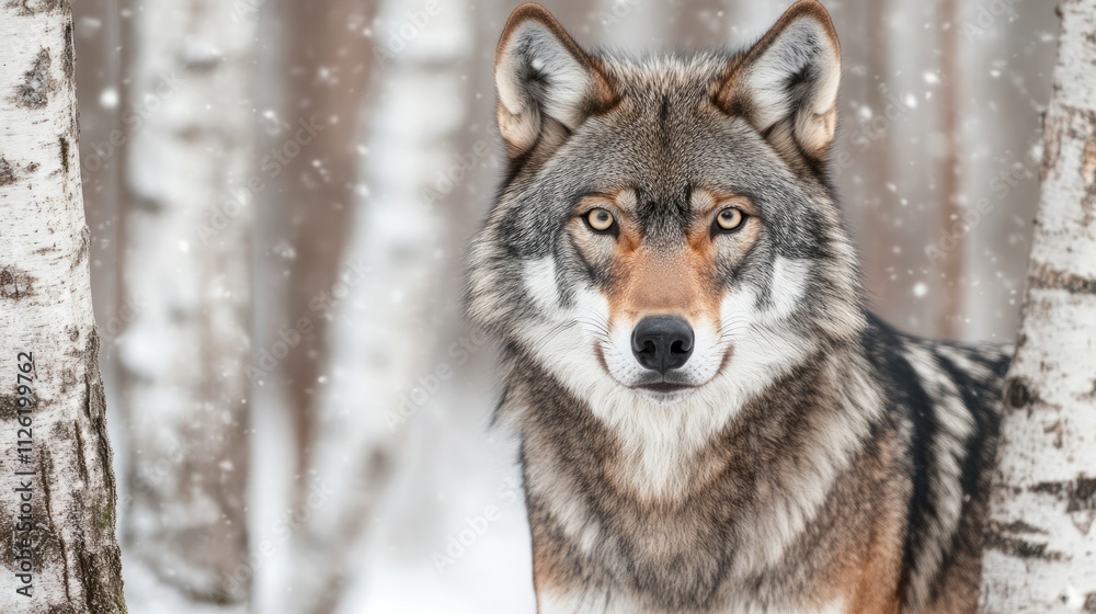 Fototapeta premium Wolf in a Snowy Birch Forest
