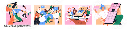 Concept set of SMM. Marketing strategy, targeting advertising, influencing on audience in social media, networks. Online business by blog, creative promotion in the Internet. Flat vector illustration