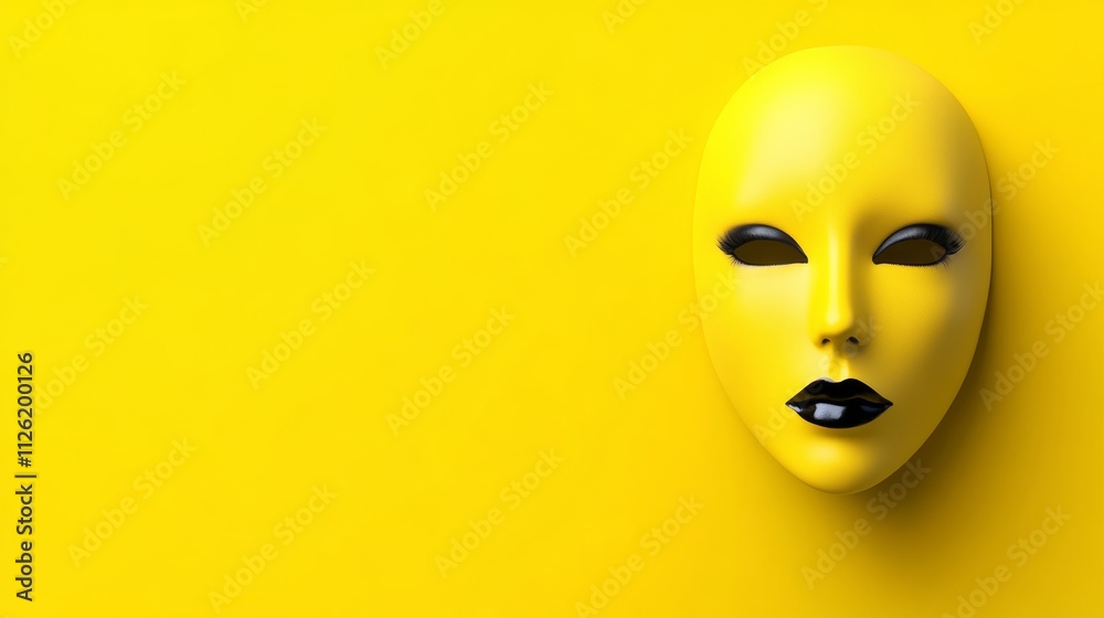 Yellow face mask is on a yellow background. The mask is black and white. The yellow background gives the image a bright and cheerful mood Yellow face mask is on a yellow background. The mask is black and white. The yellow background gives the image a bright and cheerful mood