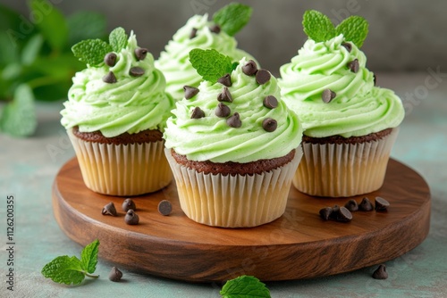 Delicious mintflavored cupcakes with green frosting decoration cozy kitchen setting dessert photography close-up view baking concept for sweet treat enthusiasts photo