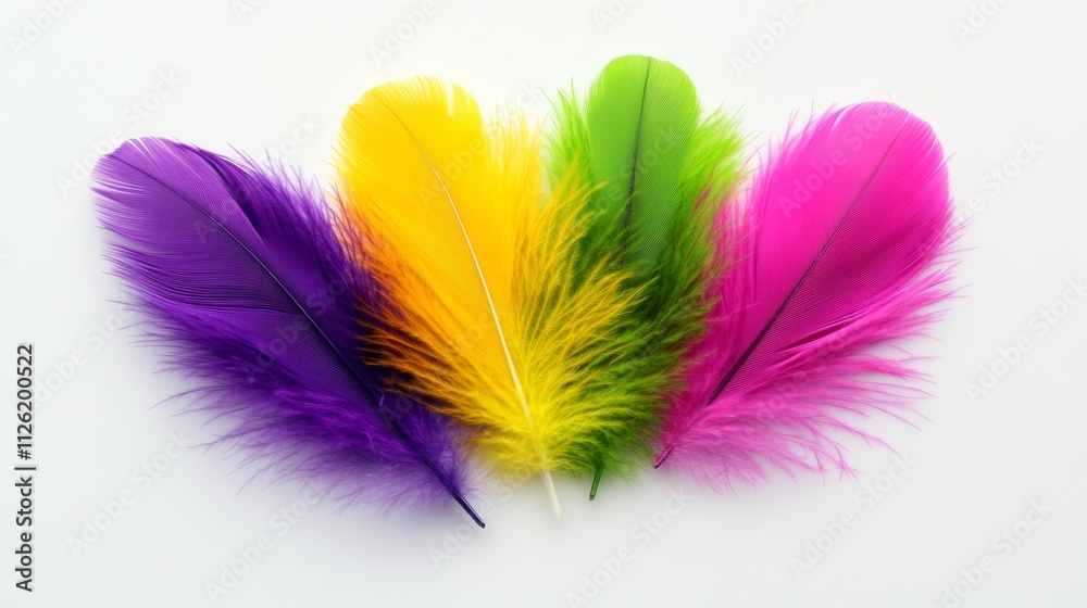 Obraz premium Group of colorful feathers are arranged in a row. The feathers are of different colors, including purple, yellow, green, and pink. The arrangement of the feathers creates a vibrant