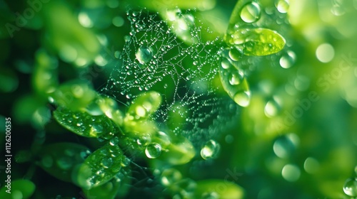 Dewdrops Adorn A Spiders Web Among Lush Green Foliage