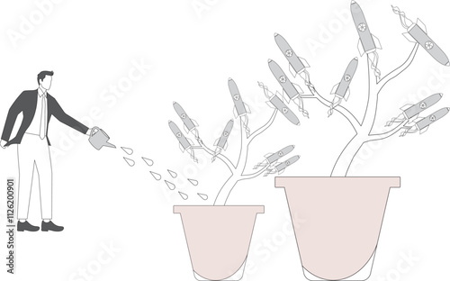 Catalysts for war, promoters of war or behind the scenes, international politics and war, brewing or plotting for war, businessman watered the missiles growing in the plant