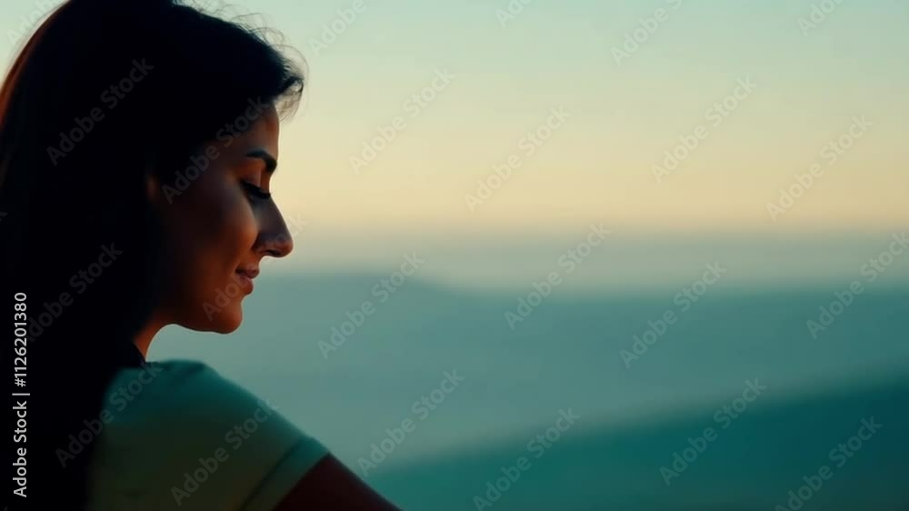  Calm woman gazing at a serene ocean view during sunset.