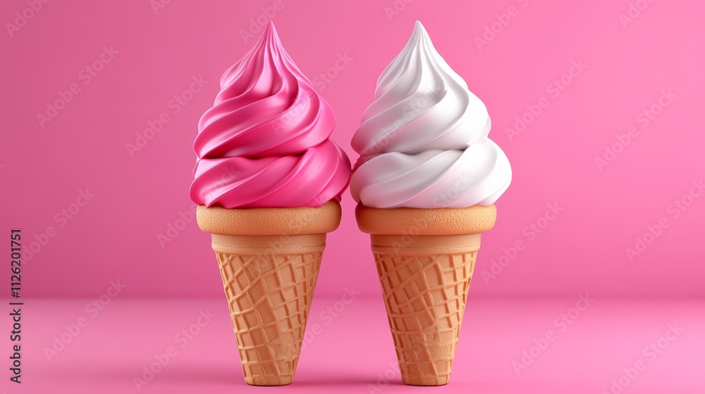 Two ice cream cones with pink and white swirls on top. The pink one is on the left and the white one is on the right Two ice cream cones with pink and white swirls on top. The pink one is on the left and the white one is on the right