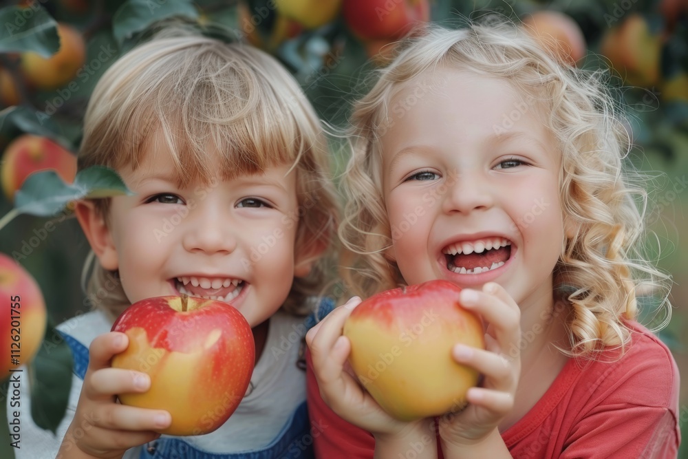 Two happy children are hugging and smiling, holding an apple between them in a sunlit orchard, enjoying a joyful moment during apple picking season. Two happy children are hugging and smiling, holding an apple between them in a sunlit orchard, enjoying a joyful moment during apple picking season.