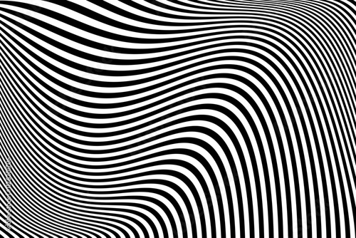 Wavy Lines Op Art Pattern with 3D Illusion Effect. Black and White Texture. Abstract Halftone Background. 