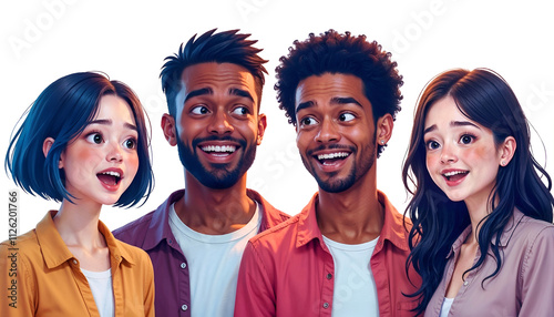 Animated Cartoon Illustration of Four Cheerful Individuals with Unique Expressions and Style. 