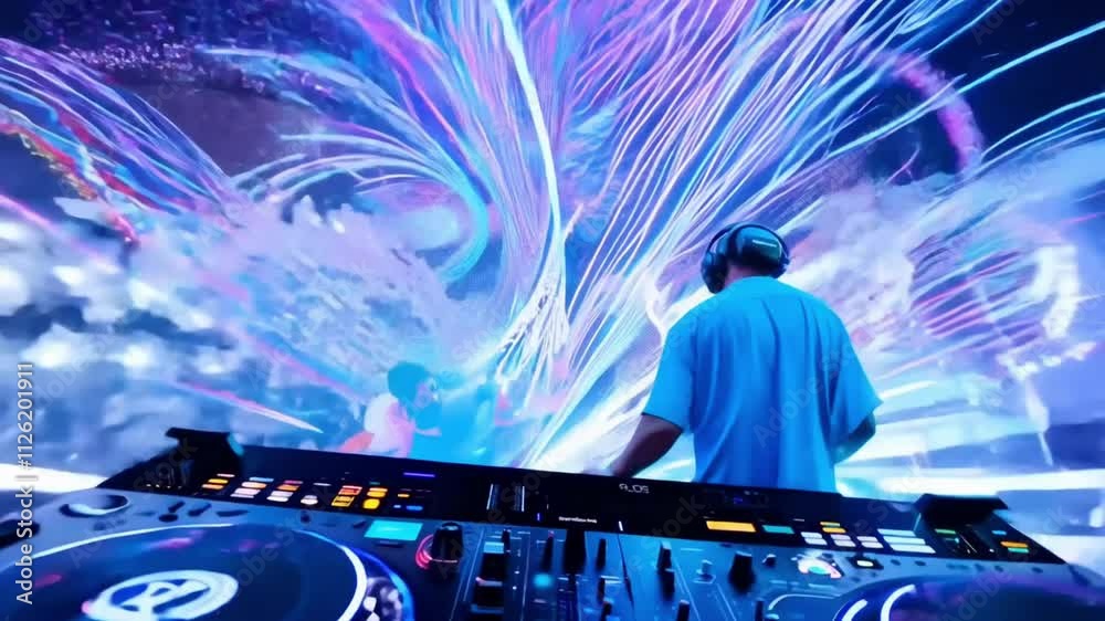 DJ performing with vivid light effects and colorful visuals.