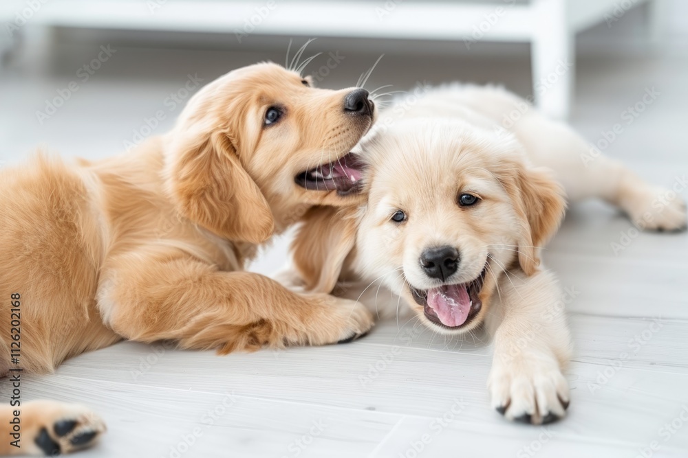 A heartwarming shot of two Golden Retriever puppies snuggling close, showcasing their cute and playful nature while lying together in a cozy environment. A heartwarming shot of two Golden Retriever puppies snuggling close, showcasing their cute and playful nature while lying together in a cozy environment.