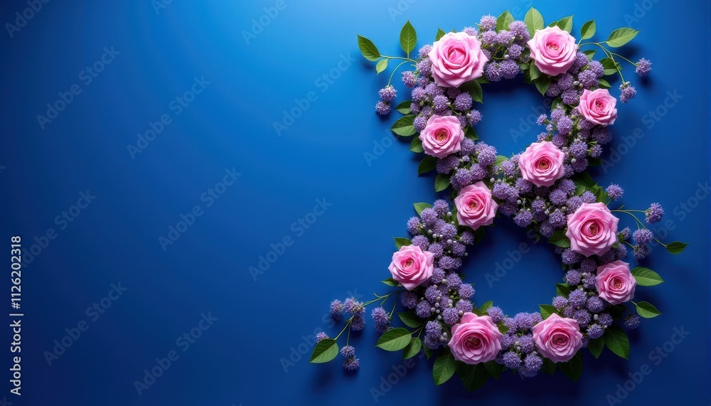International women's day floral card design with pink roses and lavender on blue background International women's day floral card design with pink roses and lavender on blue background