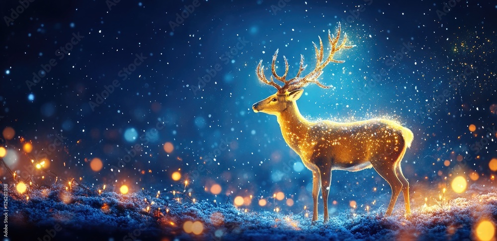 A beautiful, shiny, golden deer running on an abstract blue background with glitter, sparkles, stars, shiny particles A beautiful, shiny, golden deer running on an abstract blue background with glitter, sparkles, stars, shiny particles