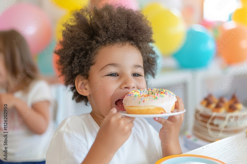 A happy child biting into a sprinkled donut at a colorful party, surrounded by balloons and friends. The joyful scene captures the fun and excitement of a kid's celebration. A happy child biting into a sprinkled donut at a colorful party, surrounded by balloons and friends. The joyful scene captures the fun and excitement of a kid's celebration.