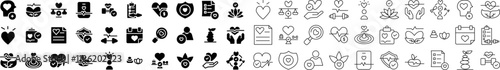 Set of health and wellness icons in solid and outline styles, including heart, meditation, balance, fitness, clipboard, and medical symbols. Ideal for healthcare, mindfulness, and lifestyle designs.