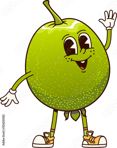 Groovy guava character or funny retro cartoon fruit with happy face, vector emoji. Groovy guava with cute smile and Hi Hello hand gesture for comic silly emoticon and funky fruit cartoon character
