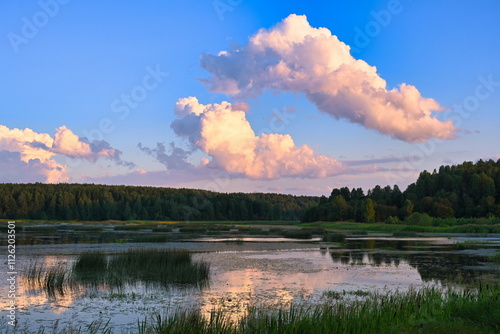 Purple sunset over a forest river near Kamenka village photo