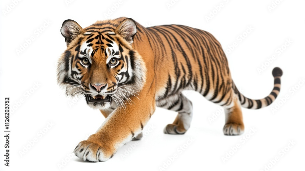 Obraz premium A powerful tiger in mid-prowl, captured in a dynamic and intense pose, isolated against a stark white background.
