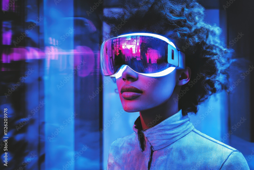 A futuristic aesthetic captures a modern woman in neon glasses, exploring themes of digital innovation and style. A futuristic aesthetic captures a modern woman in neon glasses, exploring themes of digital innovation and style.