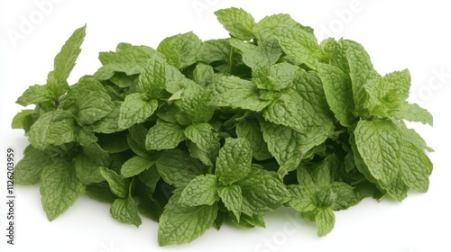 A simple and fresh photo of peppermint leaves with vivid green tones, arranged naturally on a bright white background.