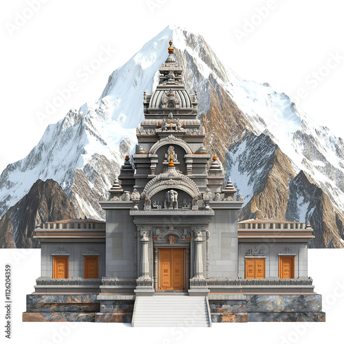 3D front view illustration of the Kedarnath Temple Indian monument isolated on a white transparent background photo