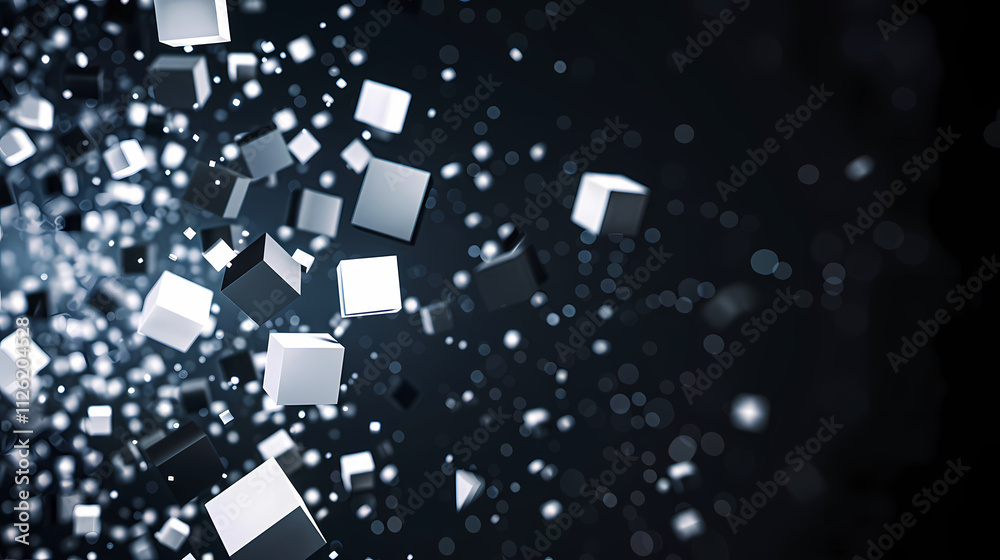 Abstract digital cubes explode in a dark, futuristic display. Abstract digital cubes explode in a dark, futuristic display.