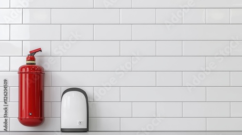 Wallpaper Mural Red & White Dispenser on White Tile Wall | Minimalist design Torontodigital.ca