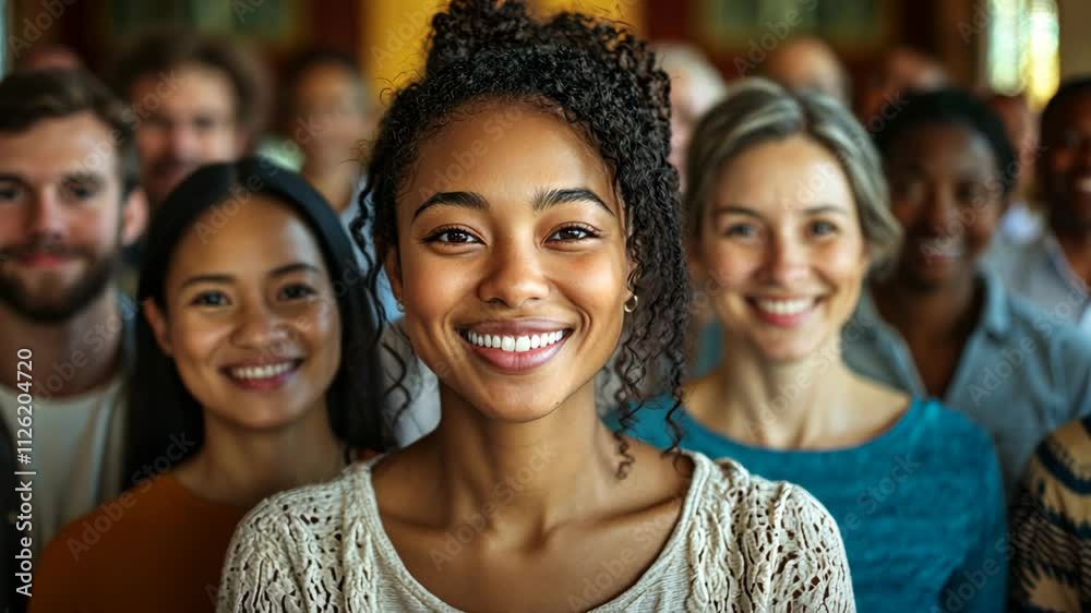 smiling African black woman standing with other diverse people smiling standing together at city street, multicultural culture smiling African black woman standing with other diverse people smiling standing together at city street, multicultural culture