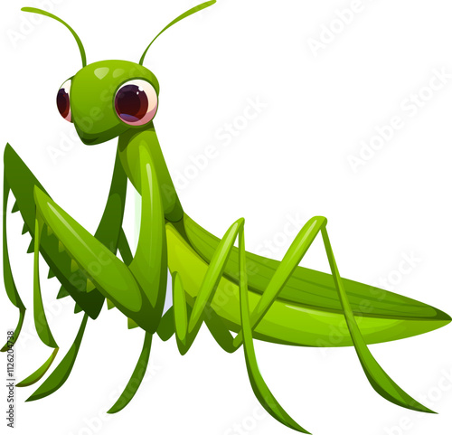 Cartoon funny mantis insect character features a vibrant green body and expressive large eyes. Isolated vector praying mantid bug or Mantis religiosa pest. Wildlife predator natural creature