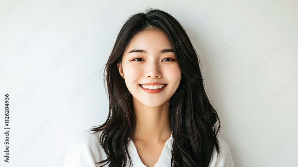 Young woman with long black hair smiling happily Young woman with long black hair smiling happily