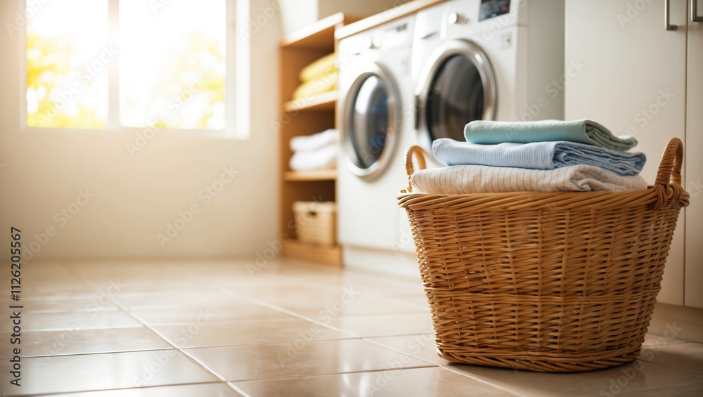 a wicker laundry basket filled with neatly folded clothes, placed on a tiled floor. The background shows a softly blurred laundry room with shelves, a washing machine, and sunlight streaming. a wicker laundry basket filled with neatly folded clothes, placed on a tiled floor. The background shows a softly blurred laundry room with shelves, a washing machine, and sunlight streaming.