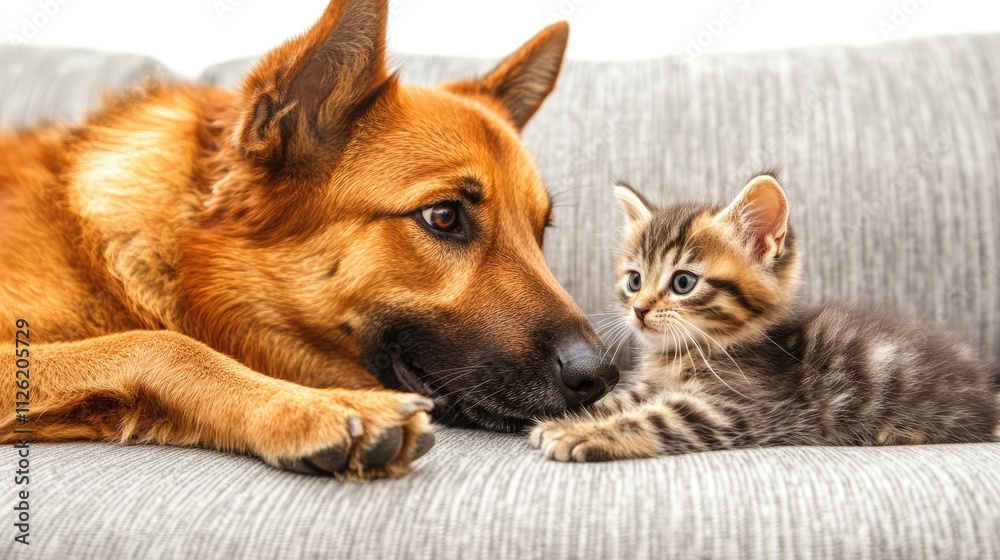 Close-up Portrait of a German Shepherd and Kitten on a Sofa Close-up Portrait of a German Shepherd and Kitten on a Sofa