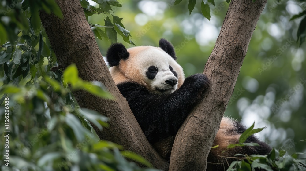 Fototapeta premium A Relaxed Panda Resting in a Tree