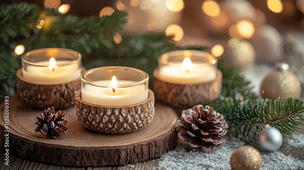 Warm candles glow softly on a wooden platter, surrounded by pinecones and festive decorations, creating a cozy, inviting atmosphere. Warm candles glow softly on a wooden platter, surrounded by pinecones and festive decorations, creating a cozy, inviting atmosphere.