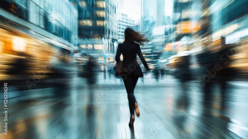 business woman hurry up and running in business city street for rush hour as motion blur