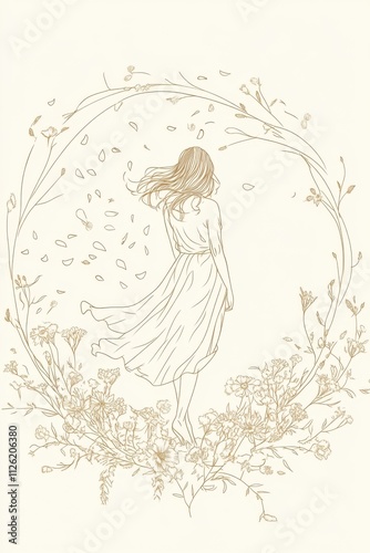 A minimal single line art of a woman standing in a circle of flowers, releasing petals into the wind that symbolize letting go of negative thoughts, hand-drawn style minimalist line art, beige