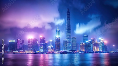 Illuminated Shanghai Skyline at Night Reflecting in Water